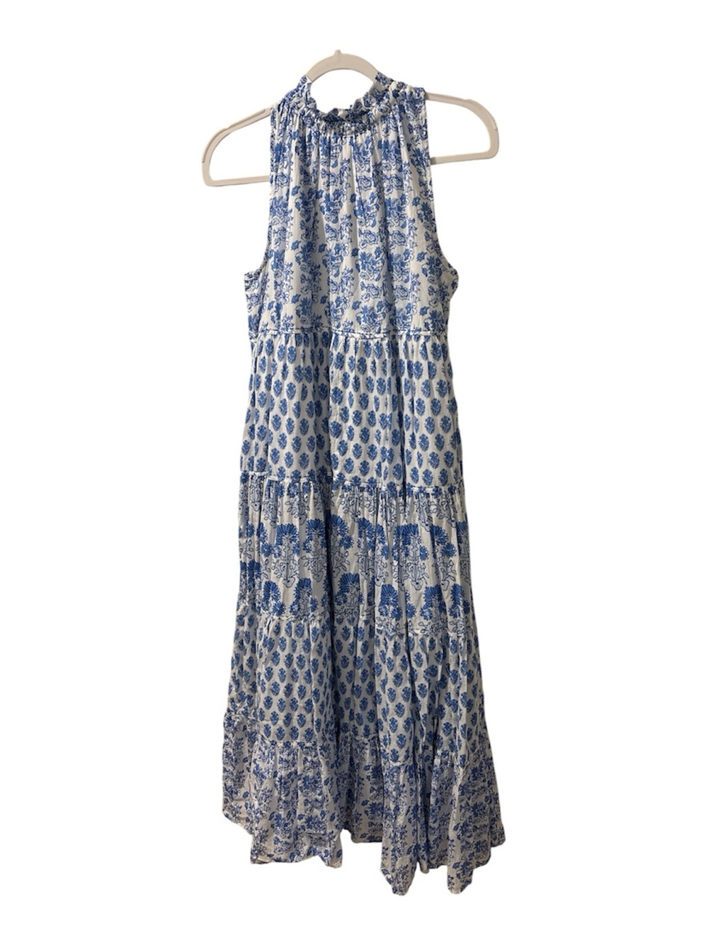 Calypso St. Barth Blue White Floral Block Print Tiered Maxi Dress Halter, Small - Picture 7 of 13